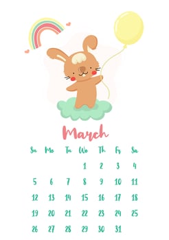 Vertical vector calendar for March 2023 with cute cartoon rabbit holding a balloon. The year of the rabbit according to the Chinese calendar, symbol of 2023. Week starts on Sunday.