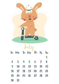 Vertical vector calendar for july 2023 with cute cartoon rabbit riding a scooter. The year of the rabbit according to the Chinese calendar, symbol of 2023. Week starts on Sunday.