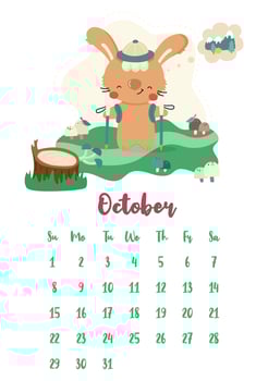 Vertical vector calendar for october 2023 with cute cartoon rabbit traveler hiking in the woods. The year of the rabbit according to the Chinese calendar, symbol of 2023. Week starts on Sunday.