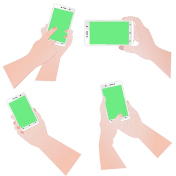 Set of hands holding phone. vector