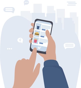 A person places an order in an online store, chooses groceries, a meal in a restaurant. Hands with a smartphone make purchases online through mobile apps vector