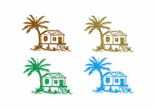 Four color variation of simple house and coconut tree line art drawing vector