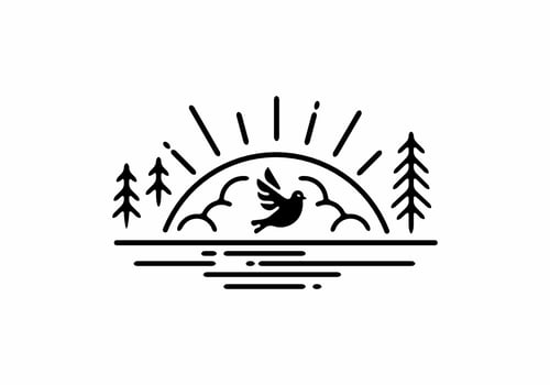Flying bird and sun line art vector