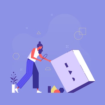 Finding idea, answer and solution in labyrinth, challenge and problem solving concept, businesswoman finding geometry to complete the puzzle game vector