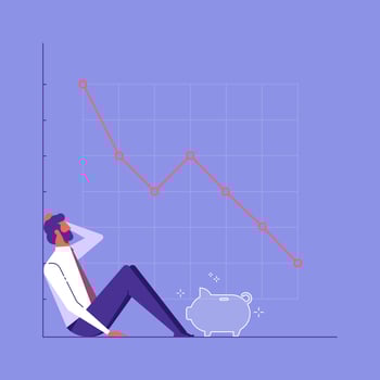 business man sitting on graph with empty piggy bank and arrows of stock market falling down. Male person sad, thoughtful, concerned. Concept of financial crisis, stock market fall vector