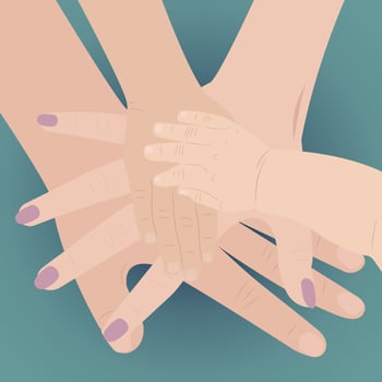 Children and adults hands together. Family hands vector