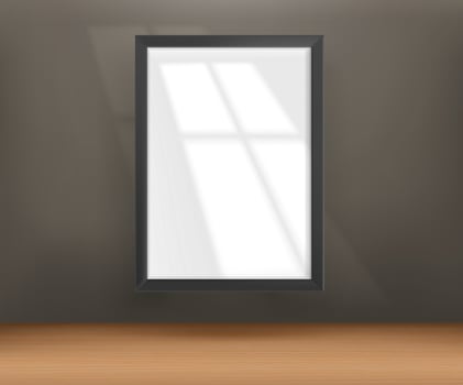 Interior with picture a2 mockup and sunlight effect. Template for design. Vector 3d illustration