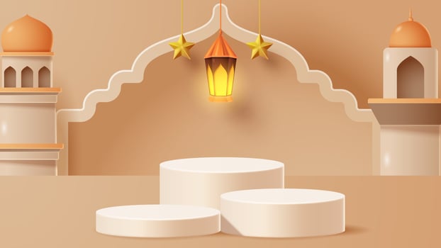 Islamic display podium decoration background with islamic ornament. Vector 3D Illustration