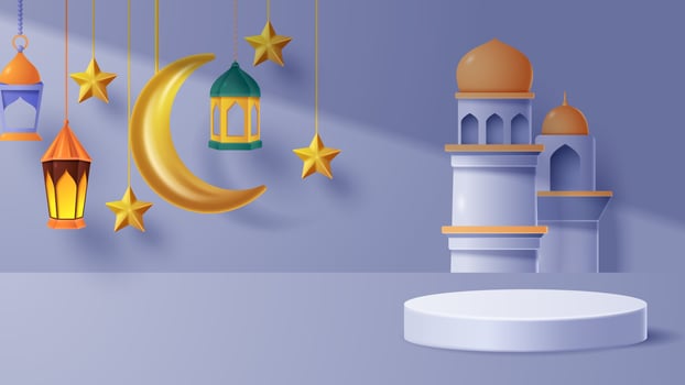 Islamic display podium decoration background with islamic ornament. Vector 3D Illustration
