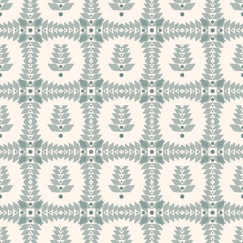 Vector abstract geometric ethnic green flower shape tartan plaid seamless pattern on white cream background. Nordic Scandinavian style. Use for fabric, interior decoration elements, wrapping.