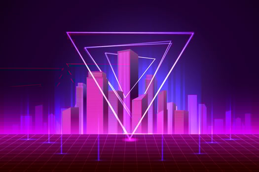 City landscape architecture buildings Neon glow lighting background. vector