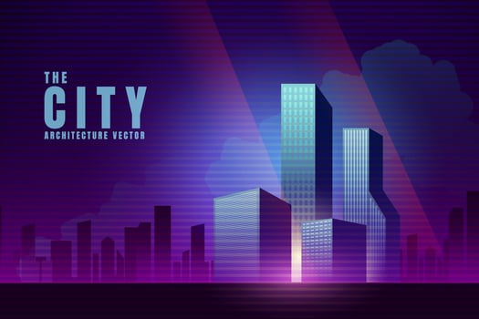 City landscape architecture buildings Neon glow lighting background. vector