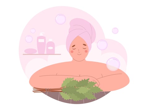 Woman wearing bath towel at hot steam sauna. Relaxing and wellness in bath, sauna or spa center vector