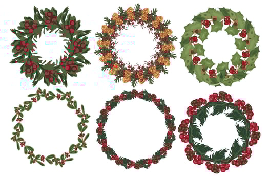 Set of Christmas wreath with winter floral elements. Vector illustration.