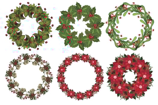 Set of Christmas wreath with winter floral elements. Vector illustration.