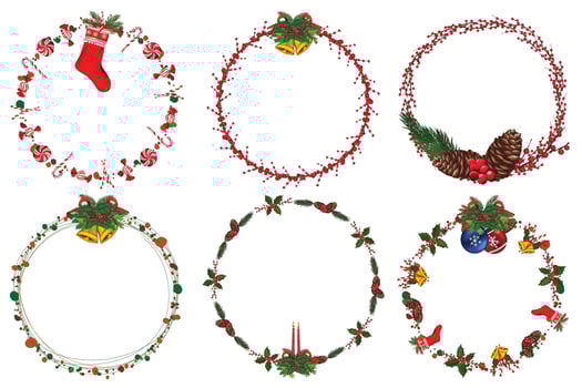 Set of christmas wreath with winter floral elements. Vector illustration.