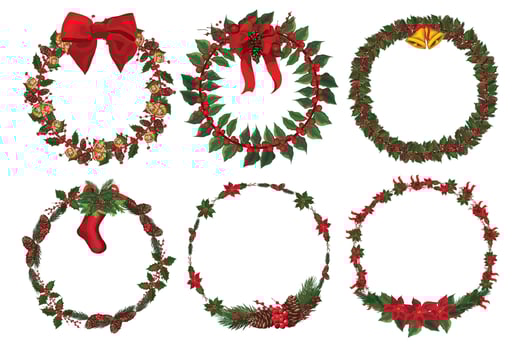 Set of christmas wreath with winter floral elements. Vector illustration.