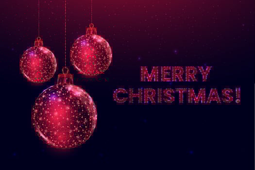 Wireframe Christmas balls, low poly style. Merry Christmas and New Year banner. Abstract modern 3d vector illustration on blue background.