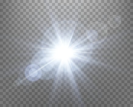 Blue sunlight lens flare, sun flash with rays and spotlight. Glowing burst explosion on a transparent background. Vector illustration.