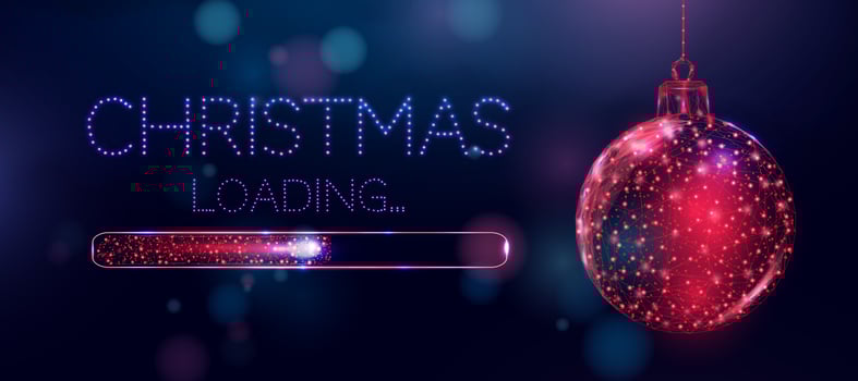Wireframe Christmas ball and loading bar, low poly style. Merry Christmas and New Year banner. Abstract modern 3d vector illustration on blue background.