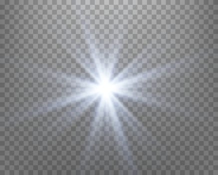 Blue sunlight lens flare, sun flash with rays and spotlight. Vector illustration.