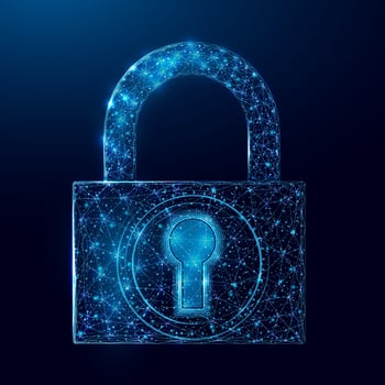 Padlock wireframe polygonal. Internet technology network, business idea concept with glowing low poly lock. Futuristic modern abstract. Isolated on dark blue background. Vector illustration.