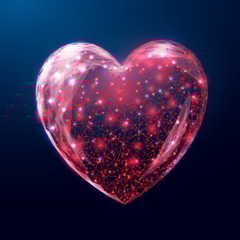 Wireframe heart, low poly style. Element for medical science, cardiology illness.  Abstract modern 3d vector illustration on dark blue background.