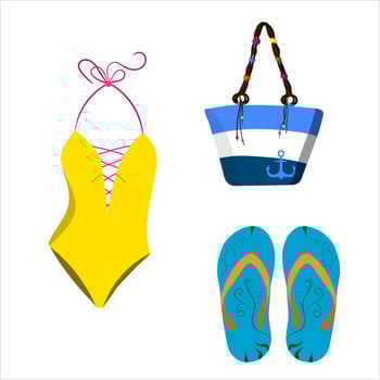 beach set, summer bag, slippers, swimsuit vector