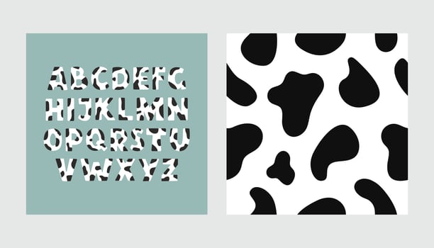 Cute cow skin alphabet and seamless pattern for your design. Modern cartoon design. Vector illustration