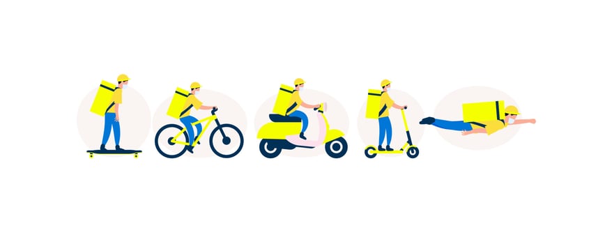 Set of delivery men on transport with a backpack for food, yellow delivery service, colors flag of Ukraine, vector illustration.