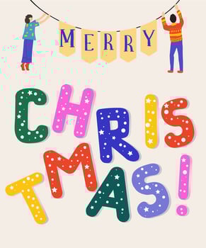 Christmas greeting card. Happy people holding bright letters. vector