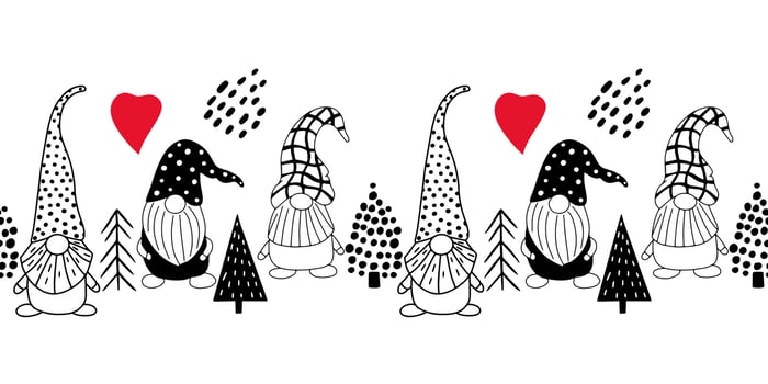 Seamless horizontal pattern with cute hand drawn gnomes and Christmas trees. A Scandinavian style vector background of doodle elements