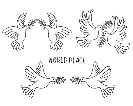 Set of flying pigeons with a branch and leaves. Dove of peace. Hand drawn line sketch. Bird symbol of hope, emblem against violence and military conflicts vector