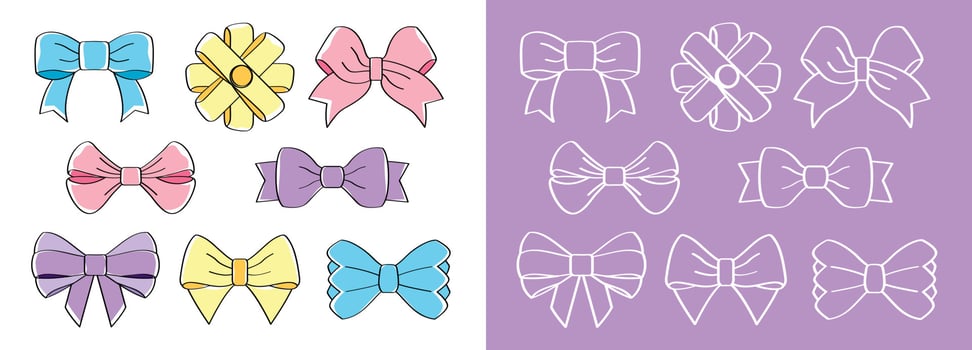 Cute pastel bow hand drawing vector set.