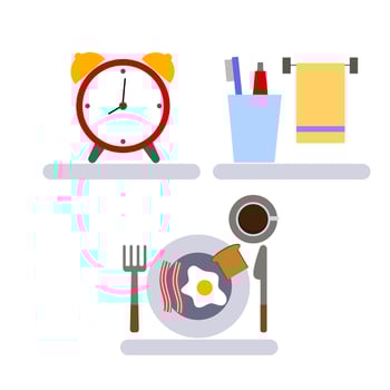 morning set. an alarm clock, a shelf in the bathroom with a toothbrush, toothpaste and a towel, a plate with breakfast. Flat vector illustration.