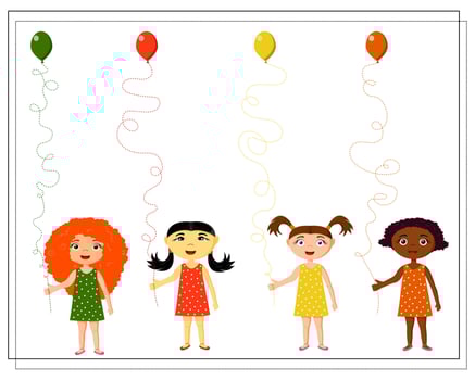 Handwriting practice sheet. Educational children s game. Line tracing for kids and toddlers. Balloon, red, blue, green, yellow, purple. A girl in a dress. vector
