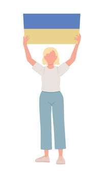 Lady holding Ukrainian flag semi flat color vector character