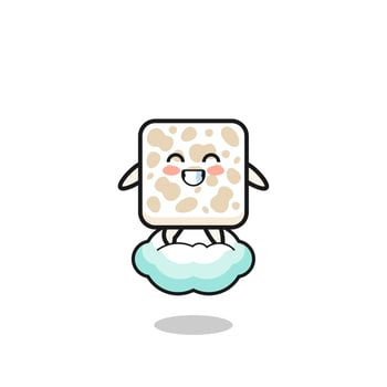 cute tempeh illustration riding a floating cloud vector