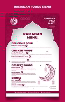Ramadan menu template in pink and white islamic background with lantern and moon design. Iftar mean is breakfasting and arabic text mean is ramadan. vector