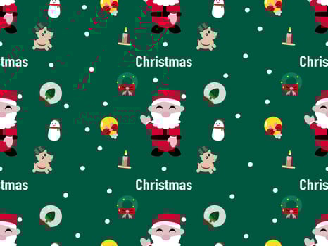 christmas seamless pattern on green background, santa claus, reindeer, snowman, christmas tree vector