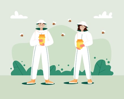 Man and woman in hat and protective uniform hold jars of honey. Beekeeping workers in uniforms. Concept of beekeeping. vector