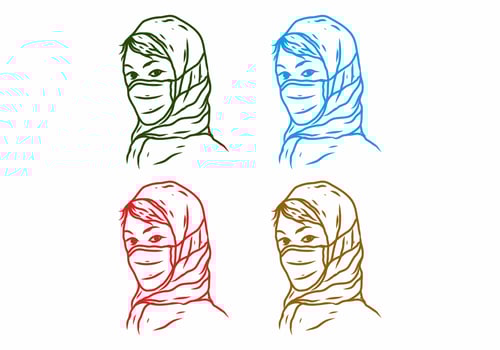 Four color variation of veiled woman wearing a medical mask line art drawing vector