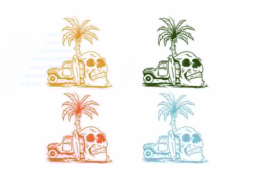 Four color variation of skull head and car with surfing board vector