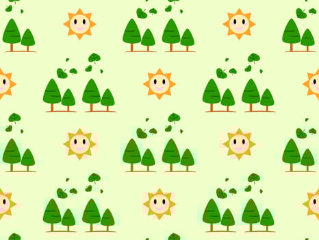 sun and tree cartoon character seamless pattern on green background vector