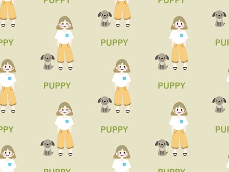girl and puppy cartoon character seamless pattern on green background vector