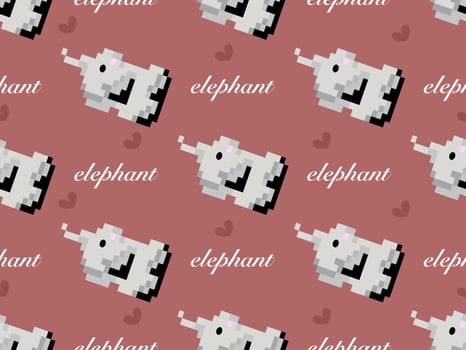 Elephant cartoon character seamless pattern on brown background. Pixel style vector