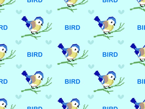 Bird cartoon character seamless pattern on blue background. Pixel style vector