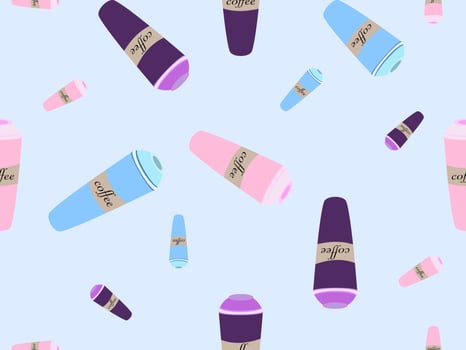 Coffee cup cartoon character seamless pattern on blue background vector
