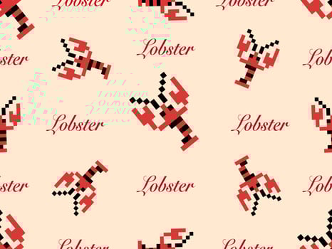 Lobster cartoon character seamless pattern on orange background.Pixel style vector