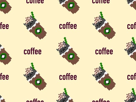 Coffee cartoon character seamless pattern on yellow background.Pixel style vector